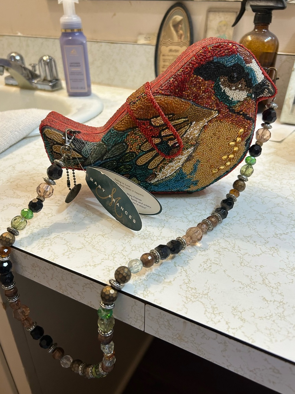 Mary Frances Rare Beaded Bird Crossbody Purse with Multicolor Seed Bead